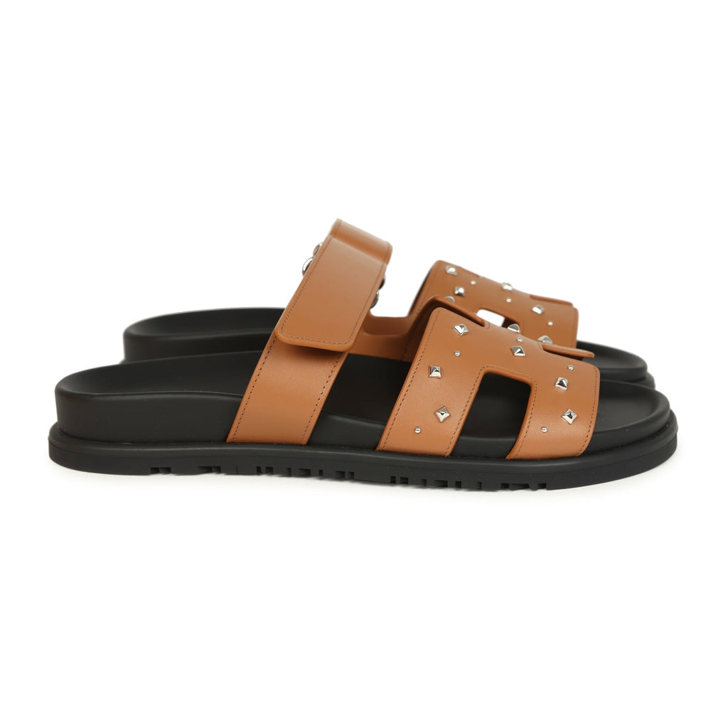 Hermes Chypre Techno Sandals Naturel Studded Calfskin Palladium Hardware 38 EU