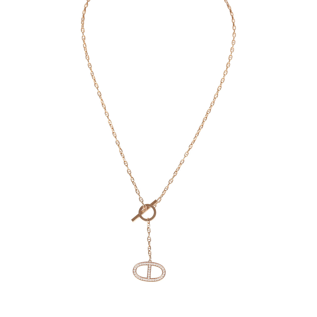 Hermes Collier Chaine D'Ancre Contour Pendant GM Necklace 18K Rose Gold & Diamonds