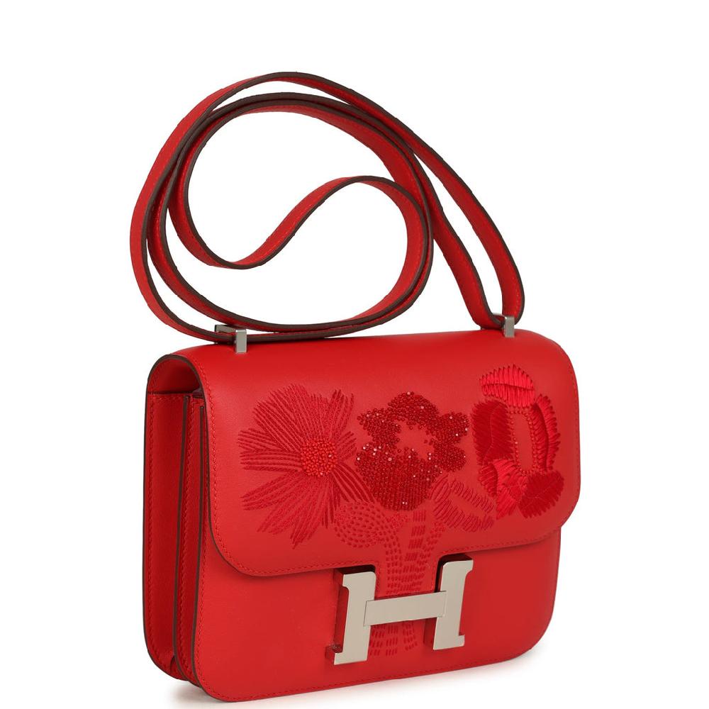 Hermes Constance 18 "Dancing Flowers" Rouge De Coeur Embroidered Swift Palladium Hardware