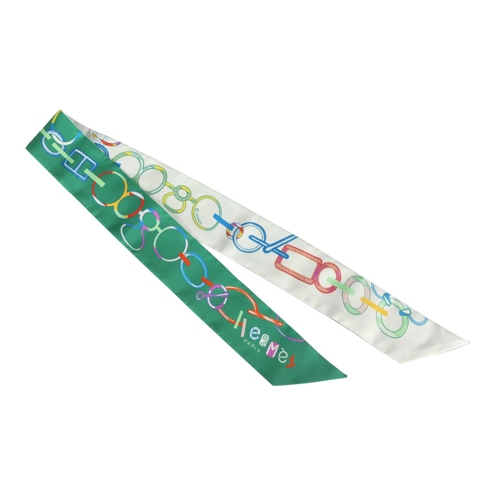 Hermes "Do Ro Boucles" Vert Vif And Blanc Multi Silk Twilly