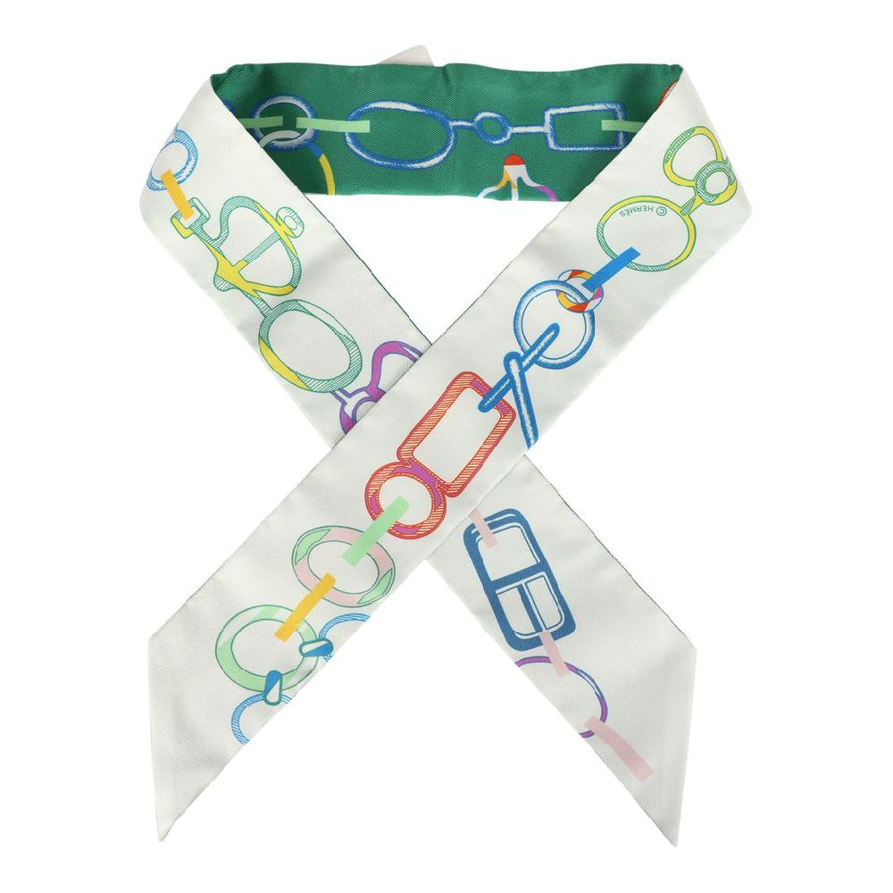 Hermes "Do Ro Boucles" Vert Vif and Blanc Multi Silk Twilly