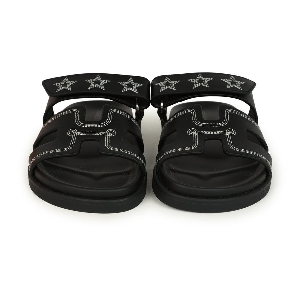 Hermes Embroidered Chypre Techno Sandals Black Calfskin Palladium Hardware 36 EU