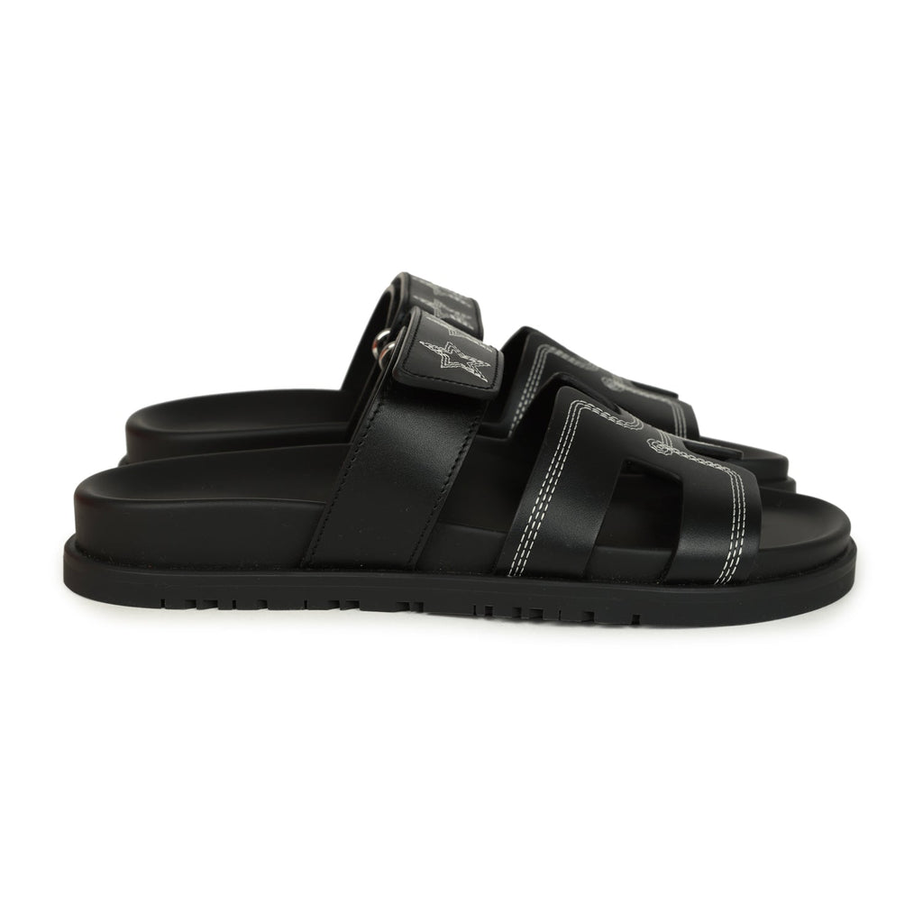 Hermes Embroidered Chypre Techno Sandals Black Calfskin Palladium Hardware 36 EU