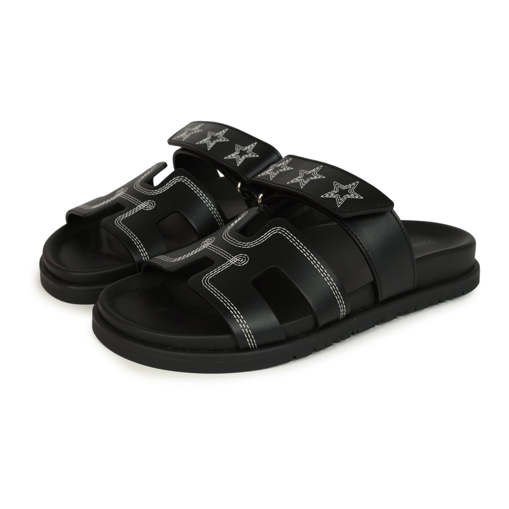 Hermes Embroidered Chypre Techno Sandals Black Calfskin Palladium Hardware 36 EU