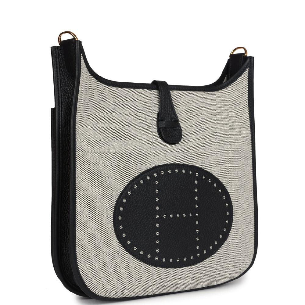 Hermes Evelyne III PM Black Clemence And Ecru Toile Gold Hardware