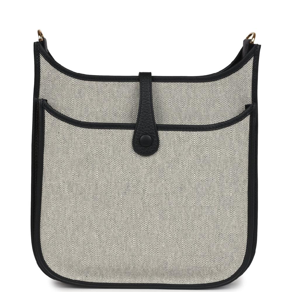 Hermes Evelyne III PM Black Clemence And Ecru Toile Gold Hardware