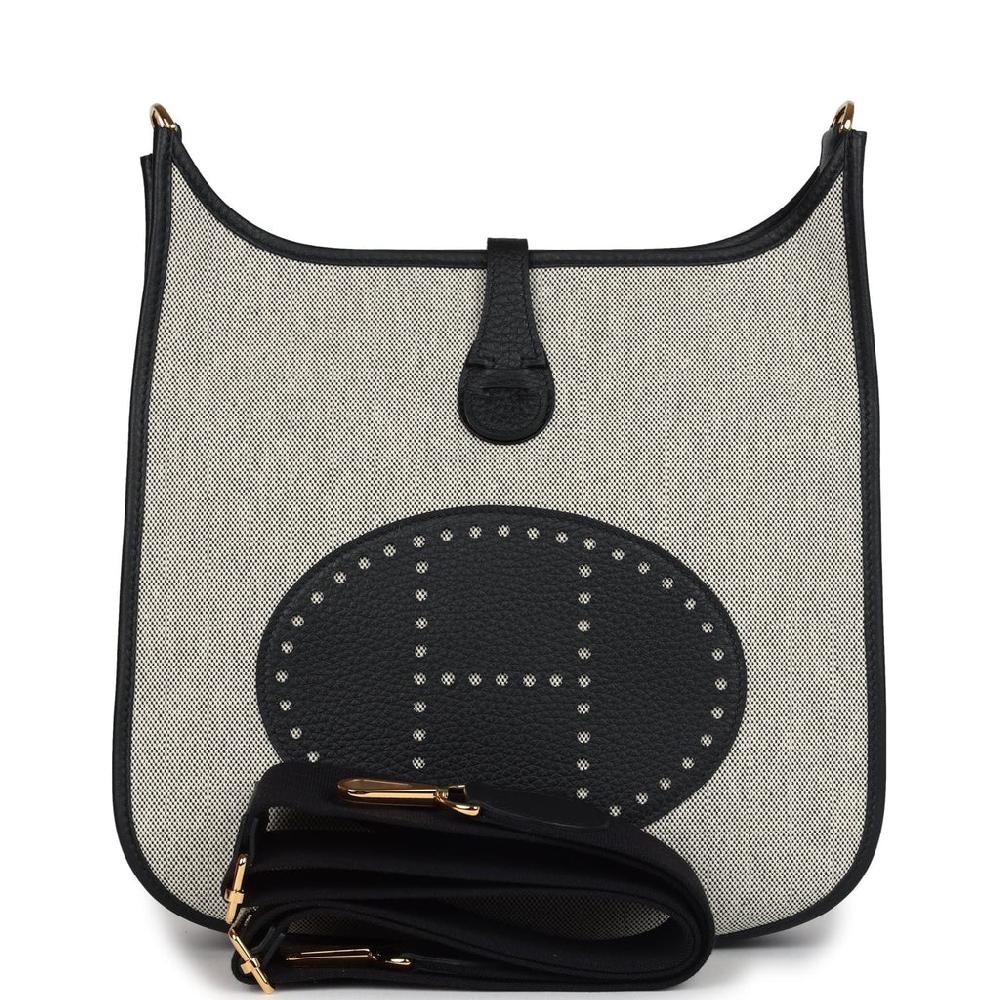 Hermes Evelyne III PM Black Clemence and Ecru Toile Gold Hardware