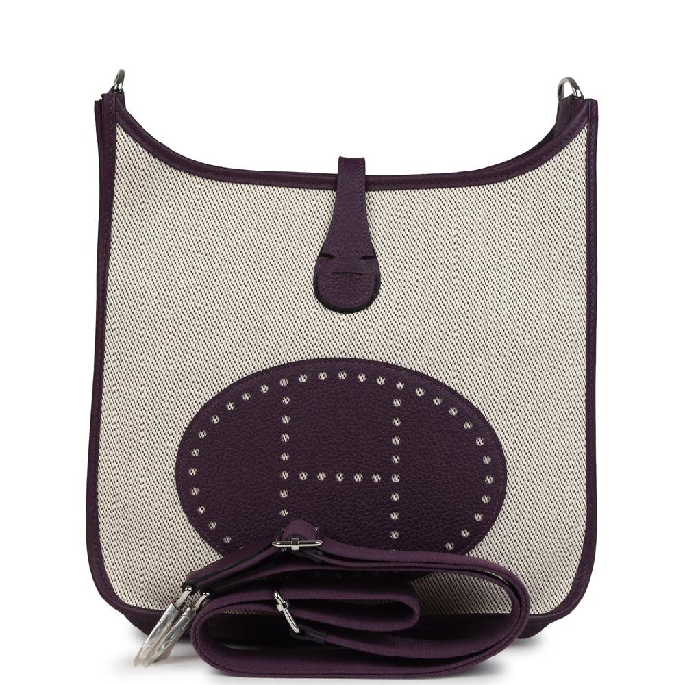 Hermes Evelyne III PM Cassis Clemence and Ecru Toile H Palladium Hardware