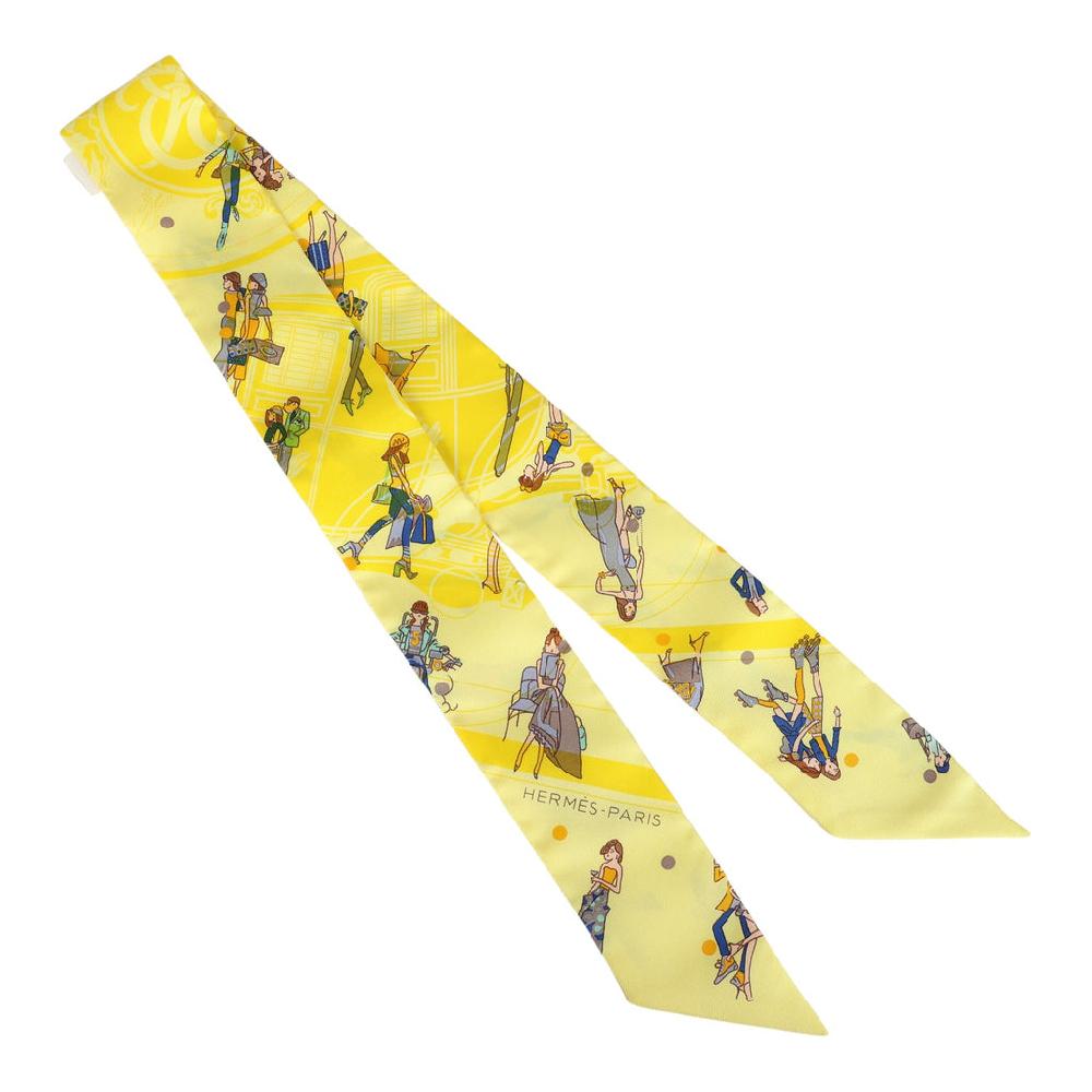 Hermes "Ex-Libris Les Parisie" Jaune Soufre And Gris Silk Twilly