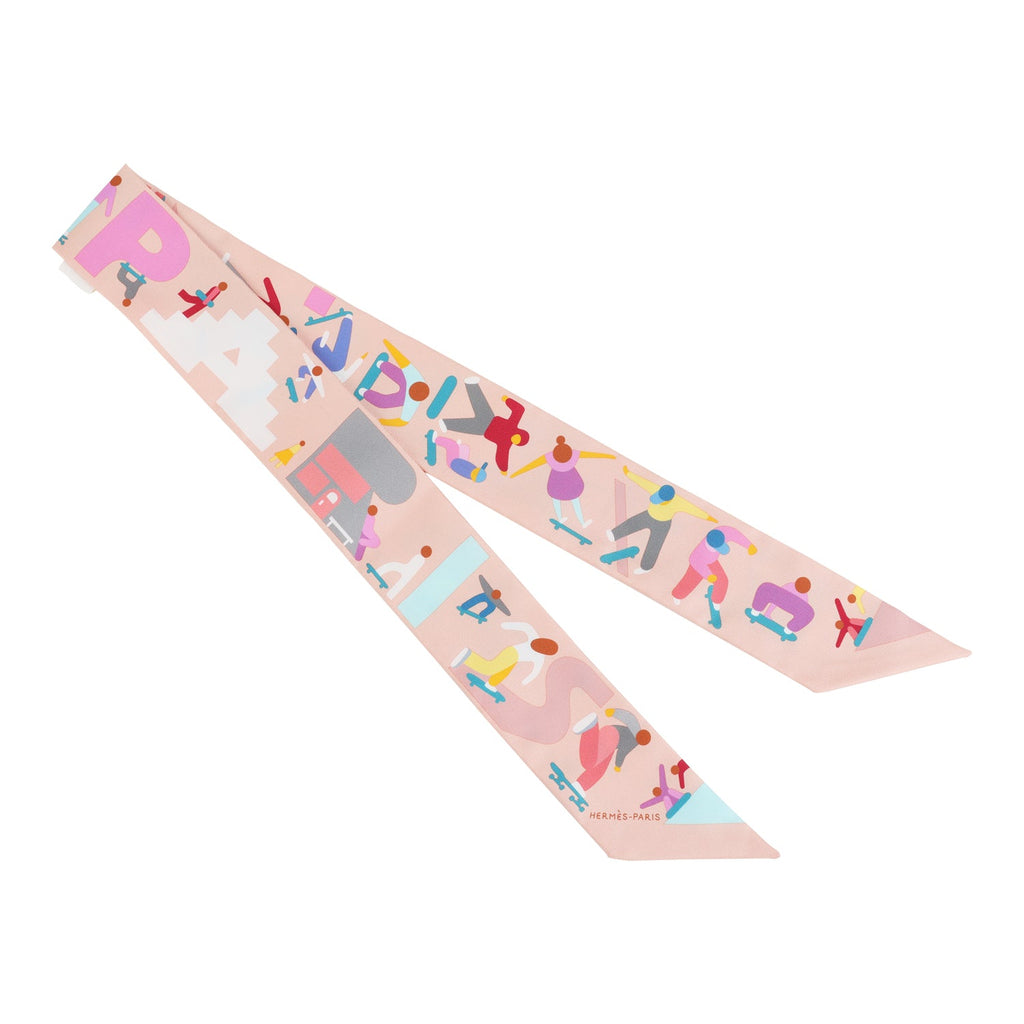 Hermes "Figures Libres" Rose Poudre And Blue Multi Silk Twilly Pair