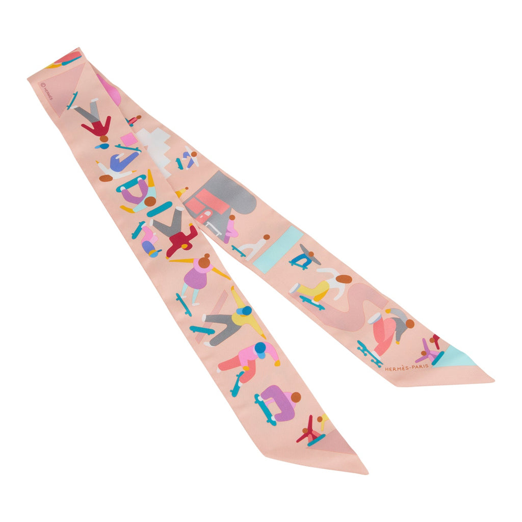 Hermes "Figures Libres" Rose Poudre And Blue Multi Silk Twilly Pair