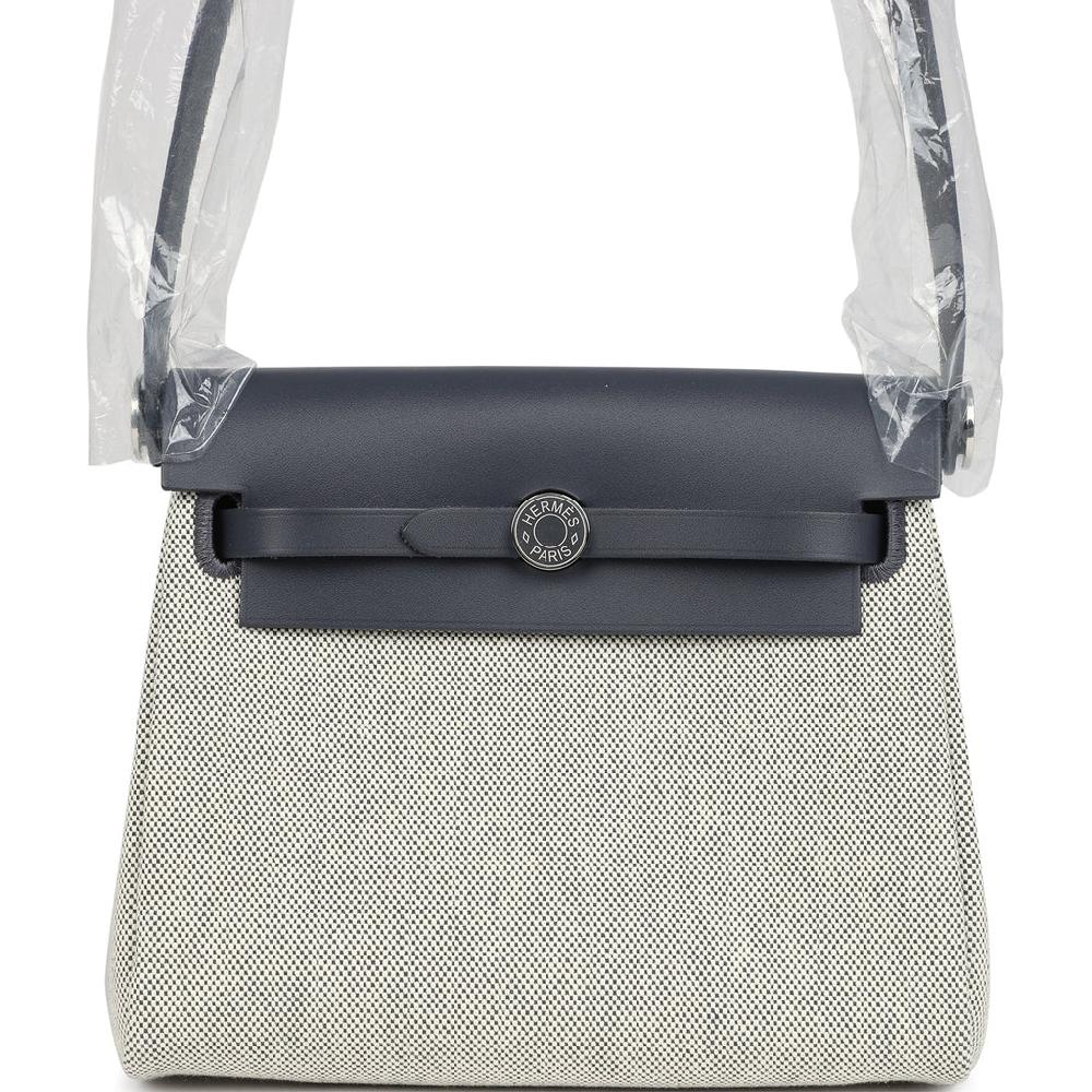 Hermes Herbag Zip 20 Mini Ecru and Ardoise Toile H Canvas and Ardoise Vache Hunter Palladium Hardware