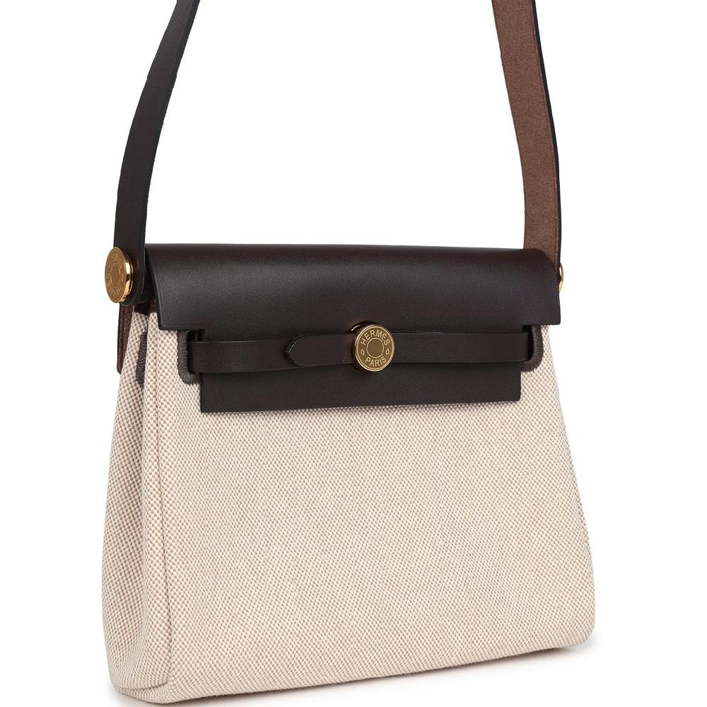 Hermes Herbag Zip 20 Mini Ecru And Beige Toile H Canvas And Ebene Vache Hunter Gold Hardware