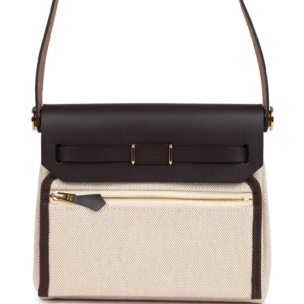 Hermes Herbag Zip 20 Mini Ecru And Beige Toile H Canvas And Ebene Vache Hunter Gold Hardware