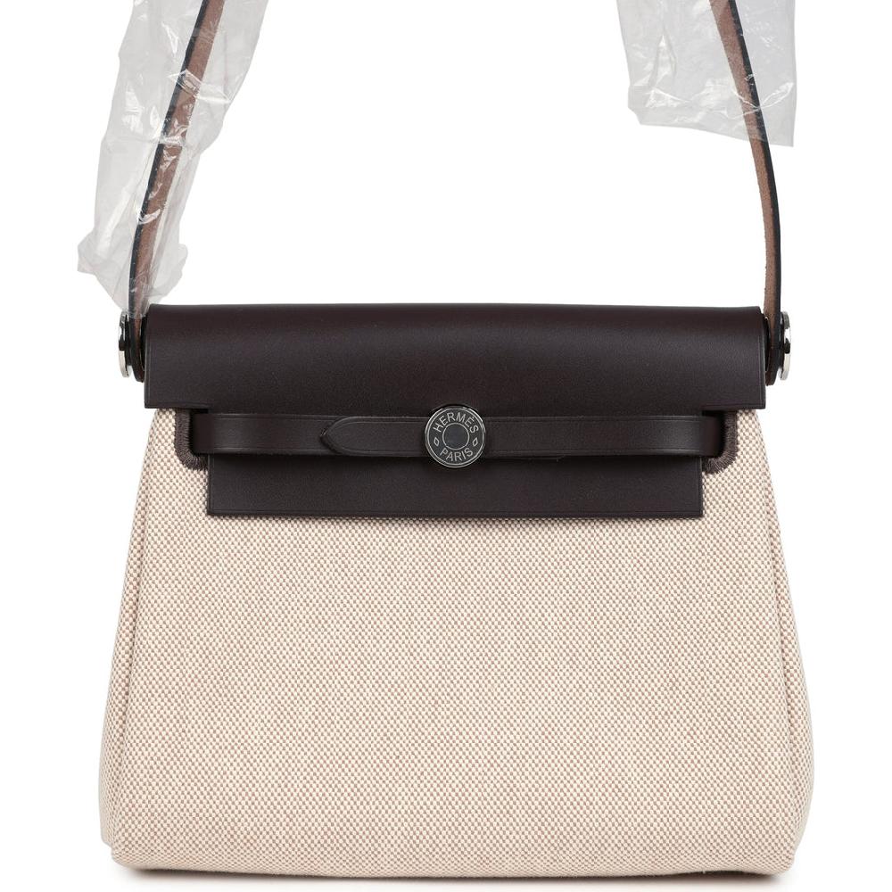Hermes Herbag Zip 20 Mini Ecru and Beige Toile H Canvas and Ebene Vache Hunter Palladium Hardware