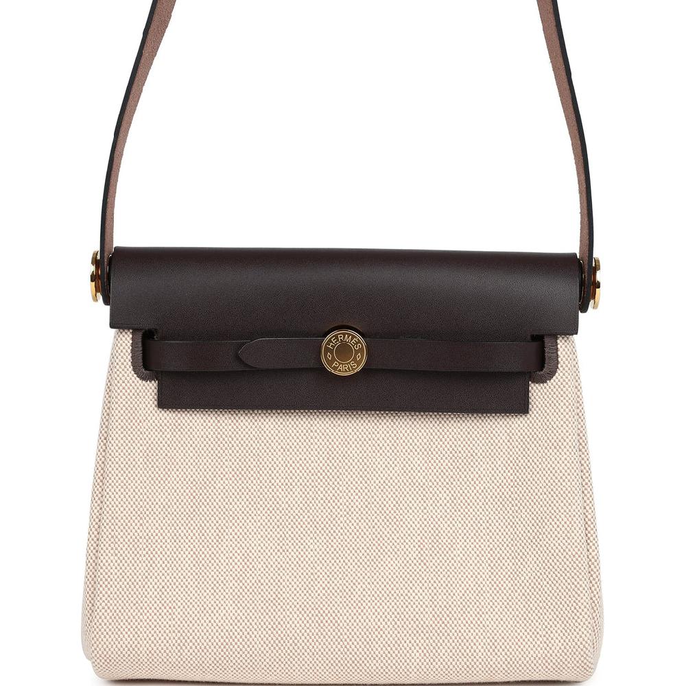 Hermes Herbag Zip 20 Mini Ecru and Beige Toile H Canvas and Ebene Vache Hunter Gold Hardware