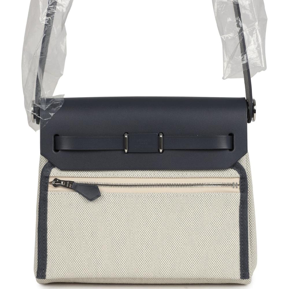 Hermes Herbag Zip 20 Mini Ecru And Bleu Glacier Toile H Canvas And Ardoise Vache Hunter Palladium Hardware