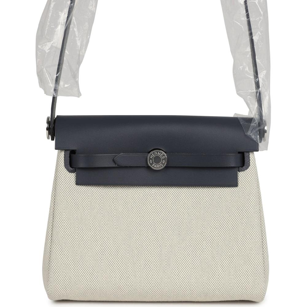 Hermes Herbag Zip 20 Mini Ecru and Bleu Glacier Toile H Canvas and Ardoise Vache Hunter Palladium Hardware