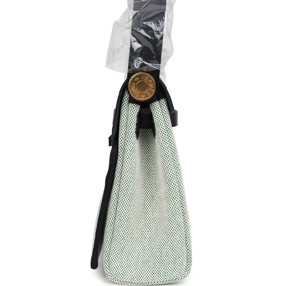Hermes Herbag Zip 20 Mini Ecru And Vert Moyen Toile H Canvas And Black Vache Hunter Gold Hardware