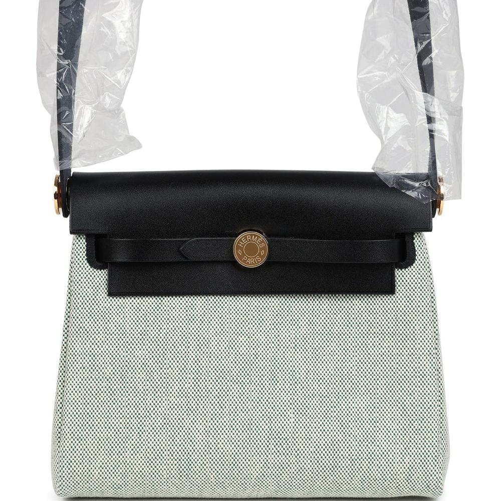 Hermes Herbag Zip 20 Mini Ecru and Vert Moyen Toile H Canvas and Black Vache Hunter Gold Hardware