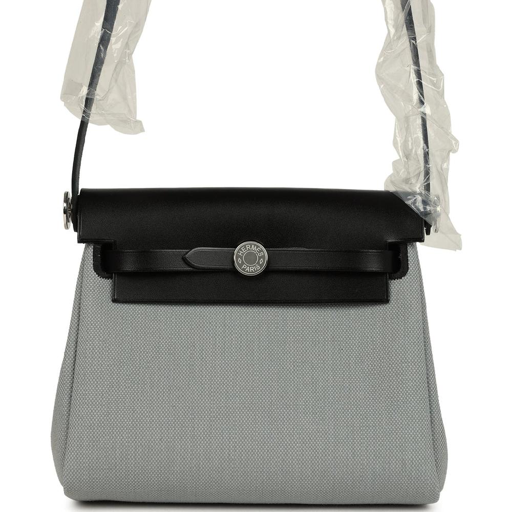 Hermes Herbag Zip 20 Mini Gris Pantin Toile Militaire Canvas and Black Vache Hunter Palladium Hardware