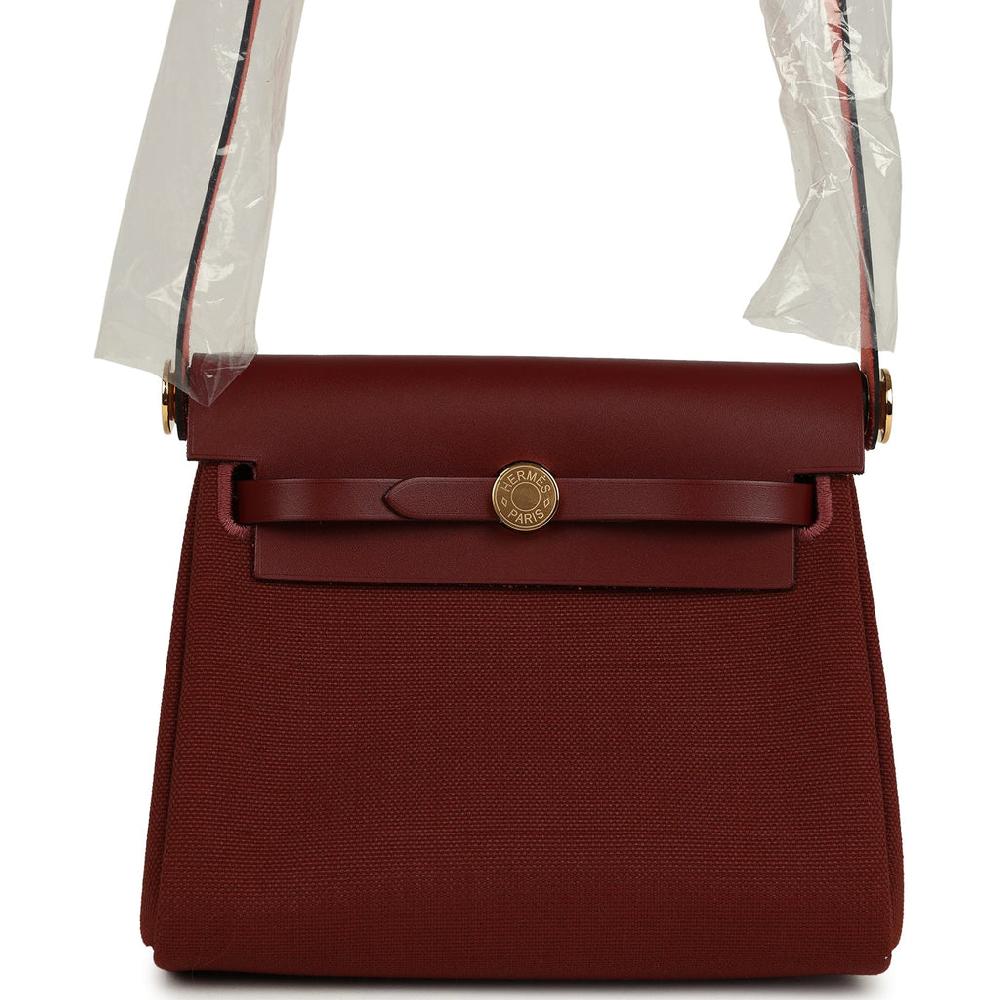 Hermes Herbag Zip 20 Mini Rouge H Toile Militaire Canvas and Vache Hunter Gold Hardware