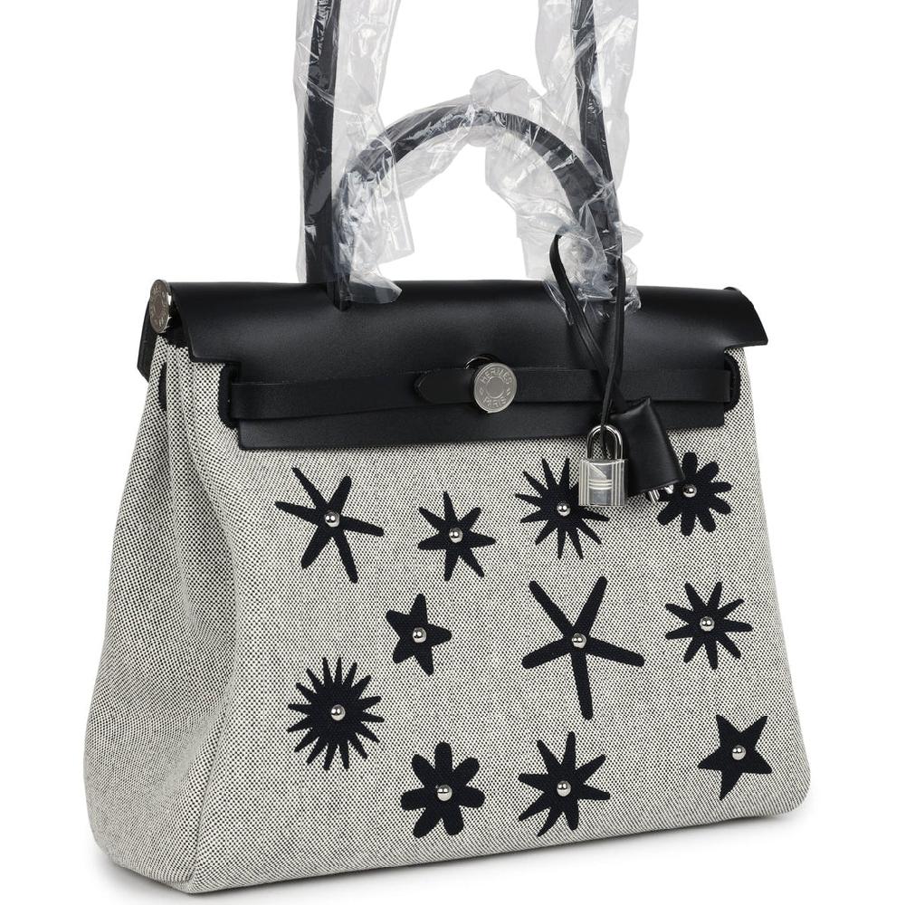 Hermes Herbag Zip 31 PM Hobnailed Black And Ecru Printed H Plume Canvas And Vache Hunter Palladium Hardware