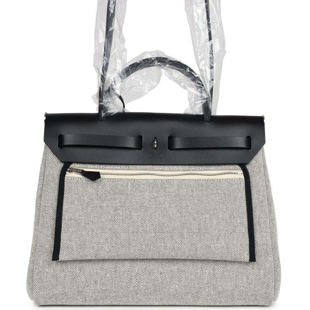 Hermes Herbag Zip 31 PM Hobnailed Black And Ecru Printed H Plume Canvas And Vache Hunter Palladium Hardware