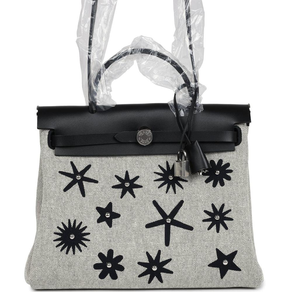 Hermes Herbag Zip 31 PM Hobnailed Black and Ecru Printed H Plume Canvas and Vache Hunter Palladium Hardware