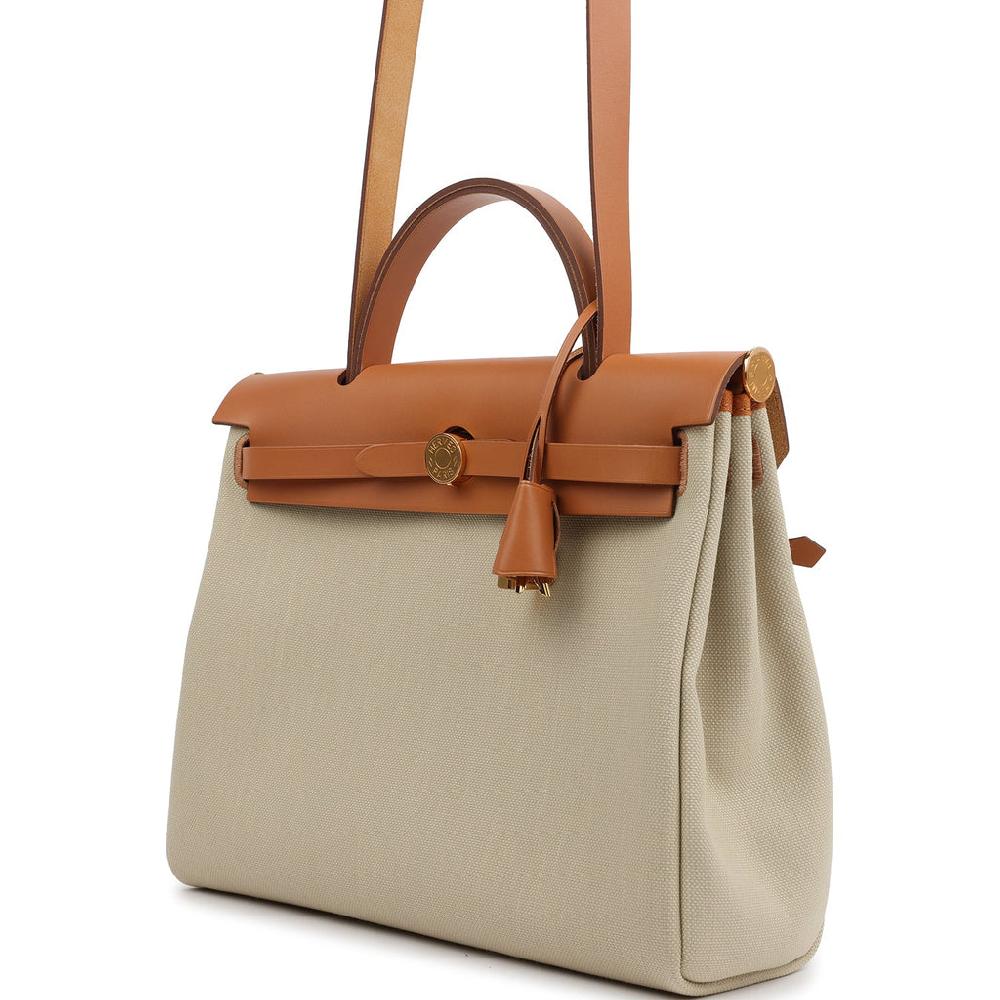 Hermes Herbag Zip PM 31 Beton Toile H & Fauve Vache Hunter Gold Hardware