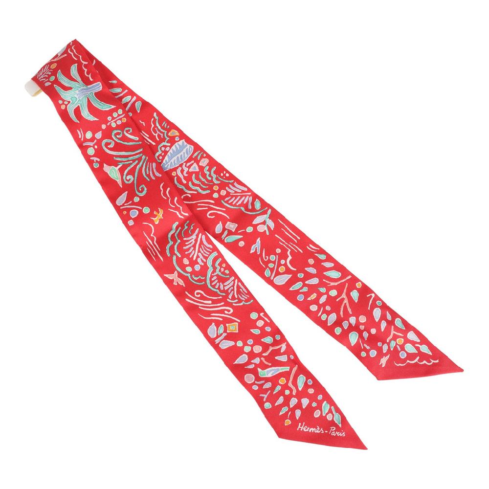 Hermes "Isola Di Primavera" Vert Bleu And Grenadine Multi Silk Twilly Pair