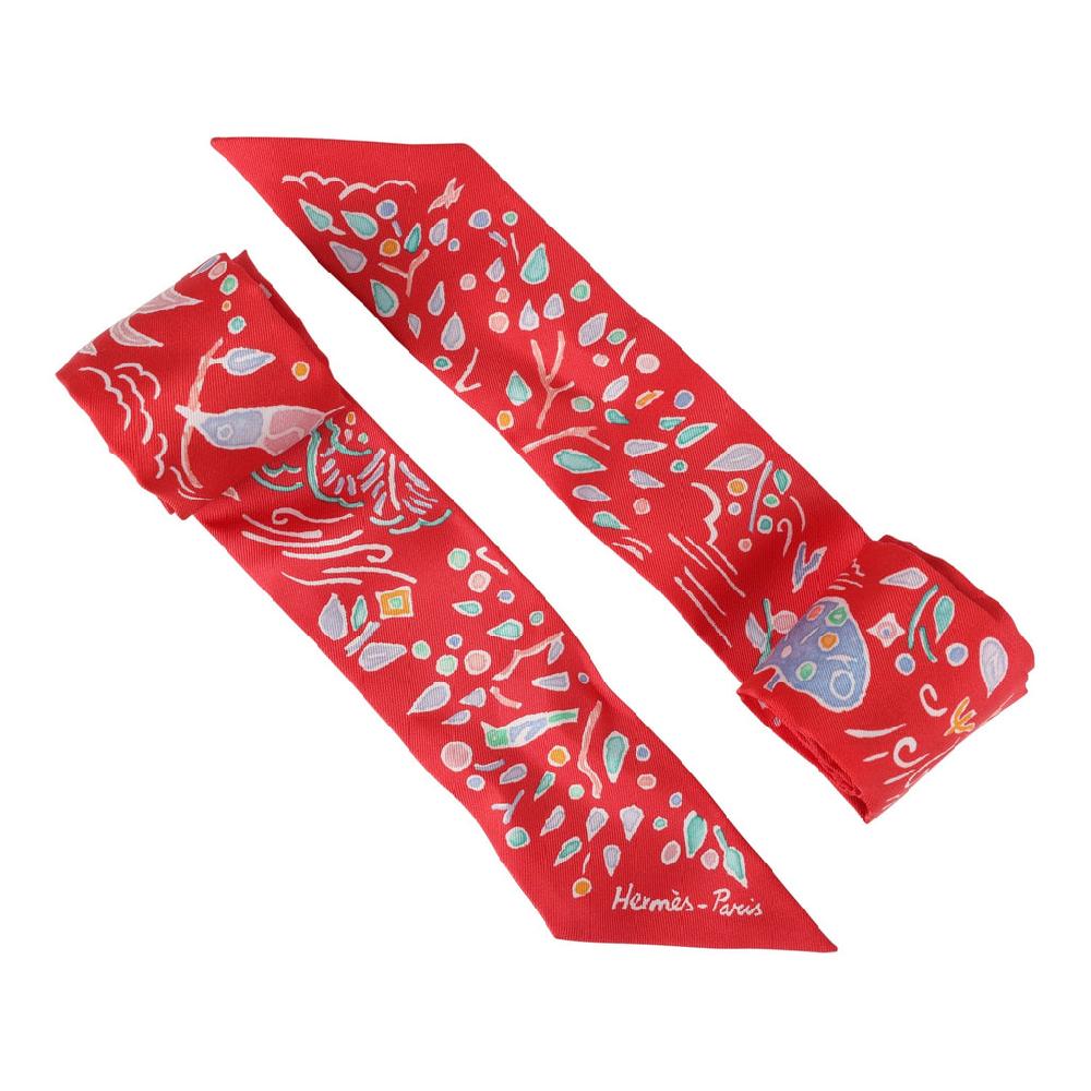Hermes "Isola Di Primavera" Vert Bleu And Grenadine Multi Silk Twilly Pair