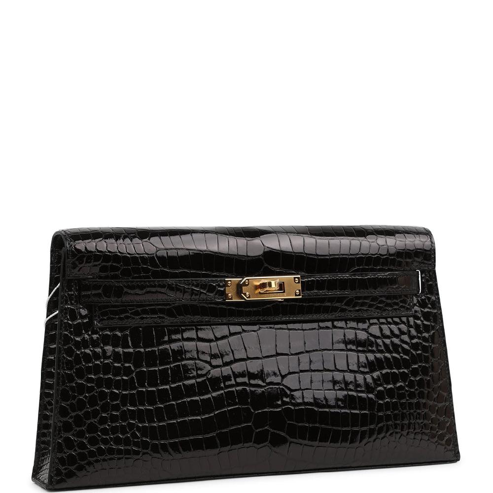 Hermes Kelly Elan Black Shiny Porosus Crocodile Gold Hardware
