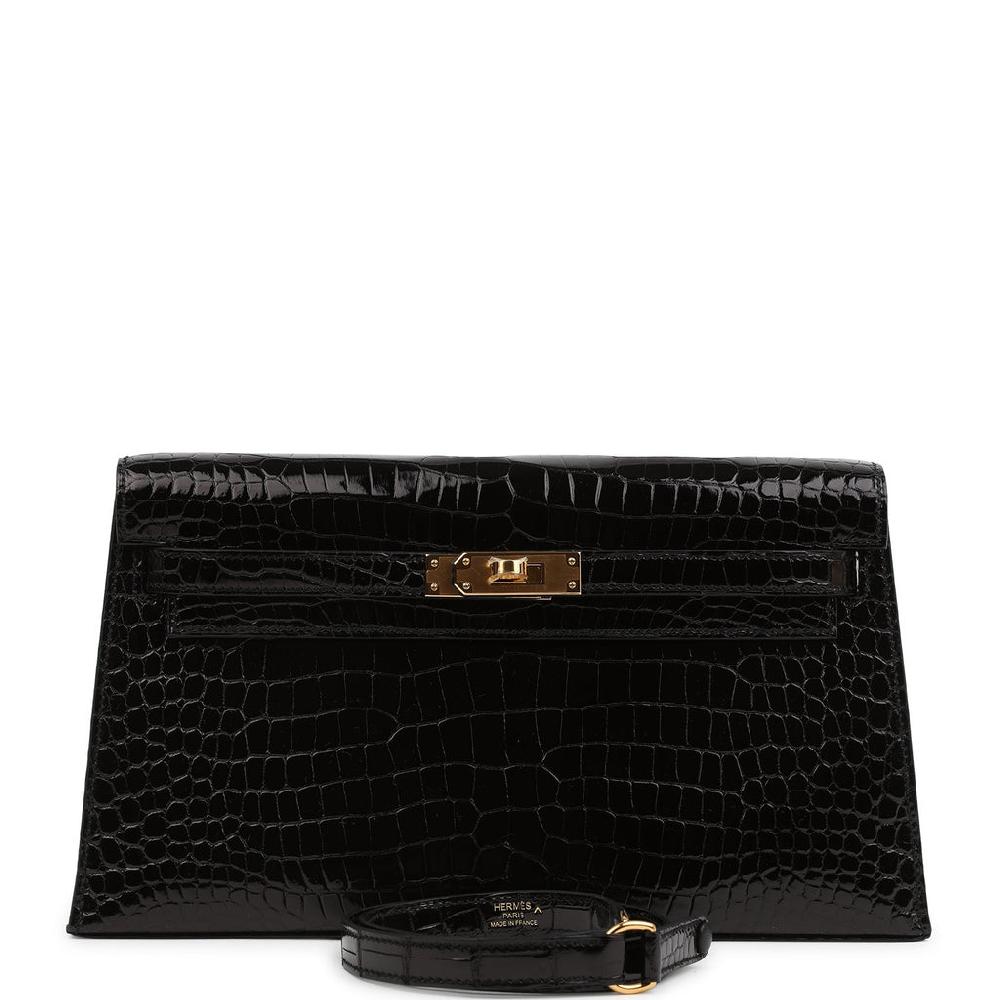Hermes Kelly Elan Black Shiny Porosus Crocodile Gold Hardware