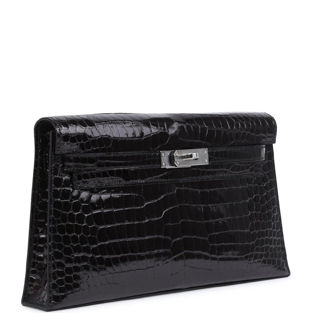 Hermes Kelly Elan Black Shiny Porosus Crocodile Palladium Hardware