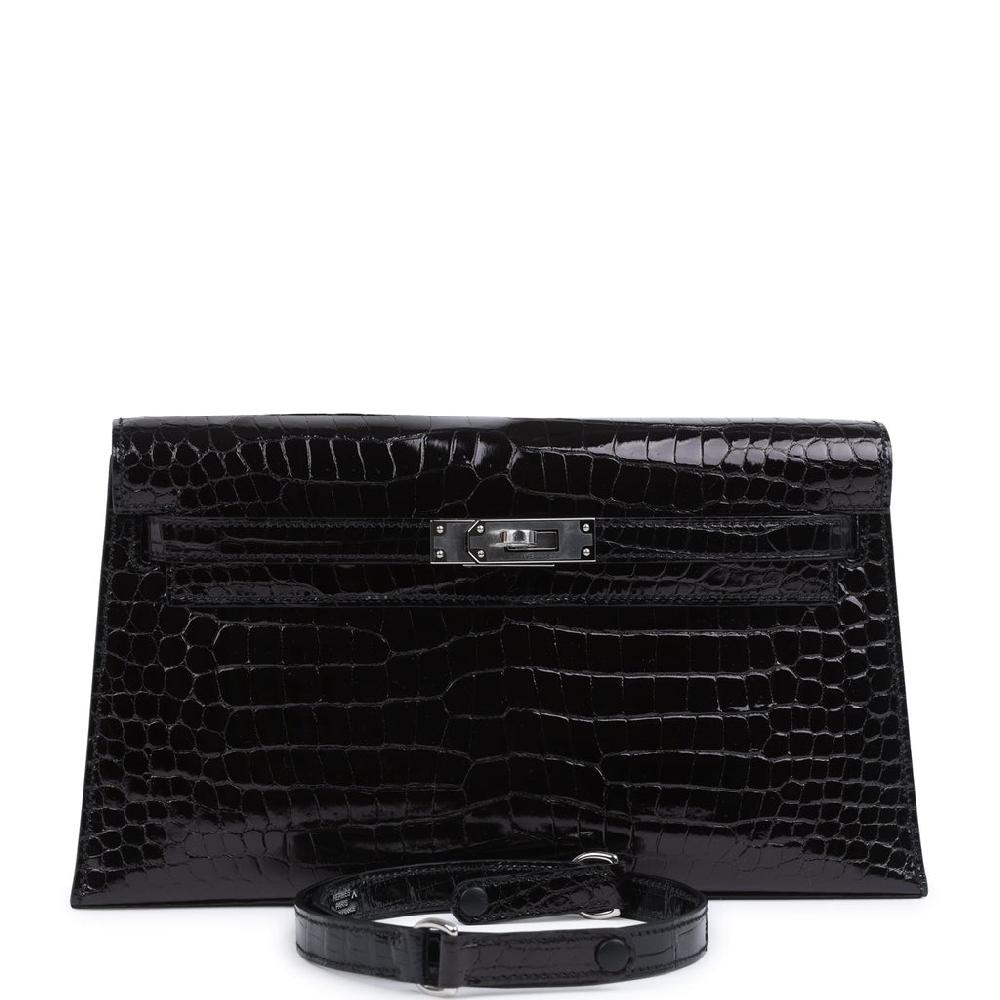 Hermes Kelly Elan Black Shiny Porosus Crocodile Palladium Hardware