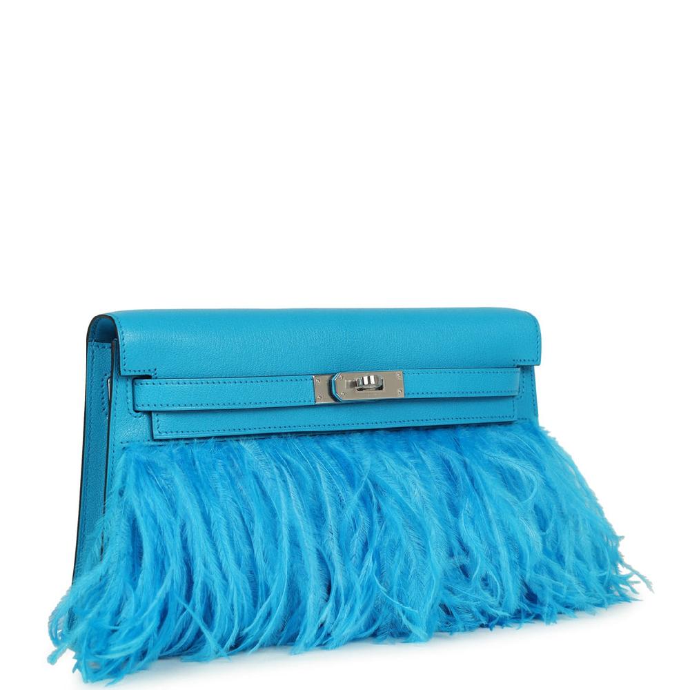 Hermes Kelly Elan Foile Bleu Frida Chevre Chamkila And Ostrich Feathers Palladium Hardware