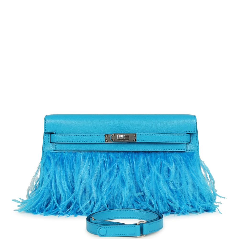 Hermes Kelly Elan Foile Bleu Frida Chevre Chamkila and Ostrich Feathers Palladium Hardware
