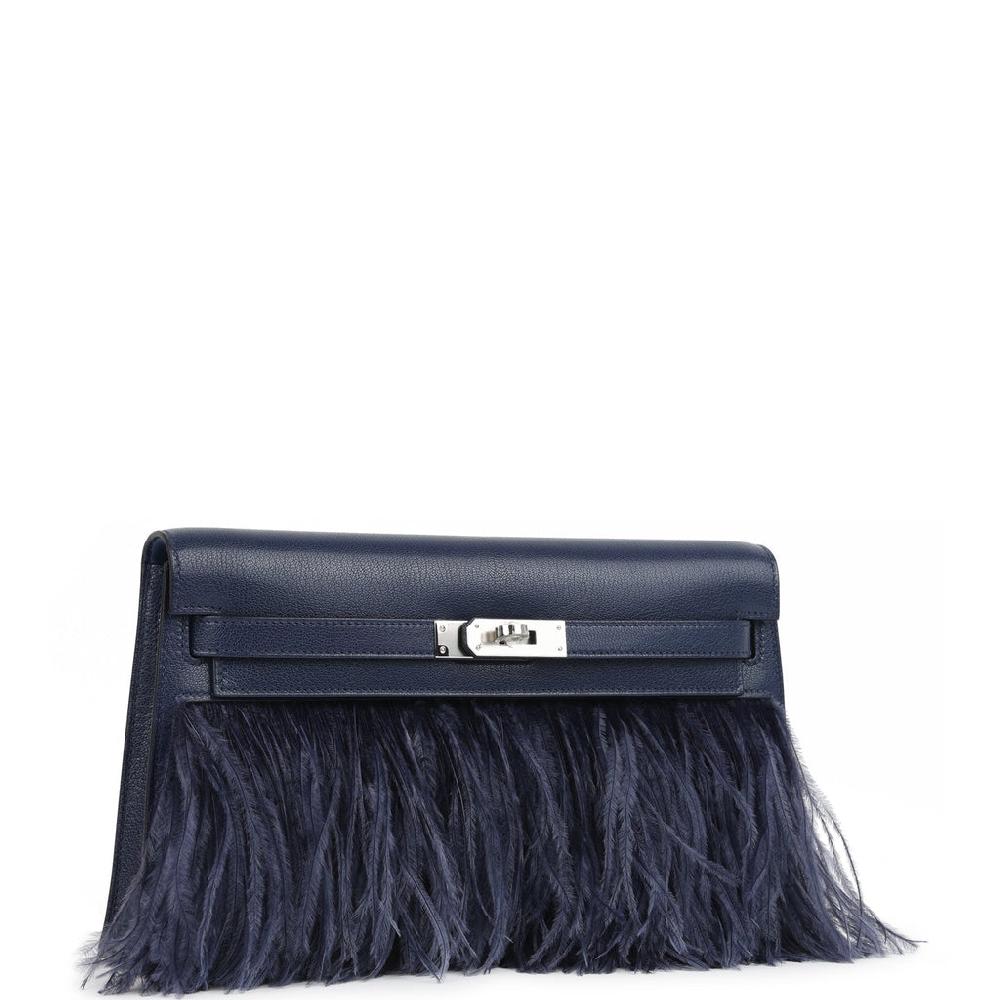 Hermes Kelly Elan Foile Bleu Saphir Chevre Chamkila And Ostrich Feathers Palladium Hardware