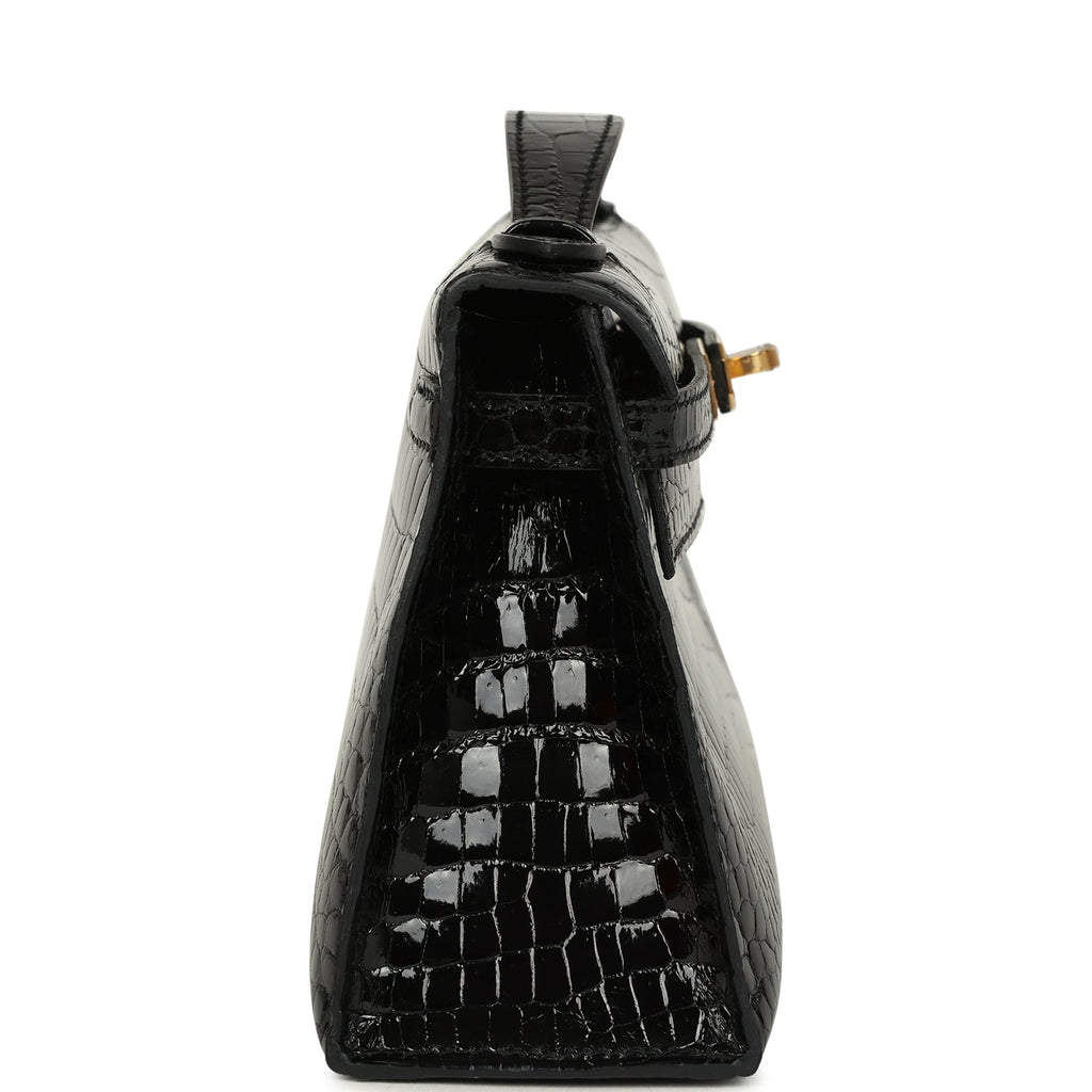 Hermes Kelly Pochette Black Shiny Porosus Crocodile Gold Hardware
