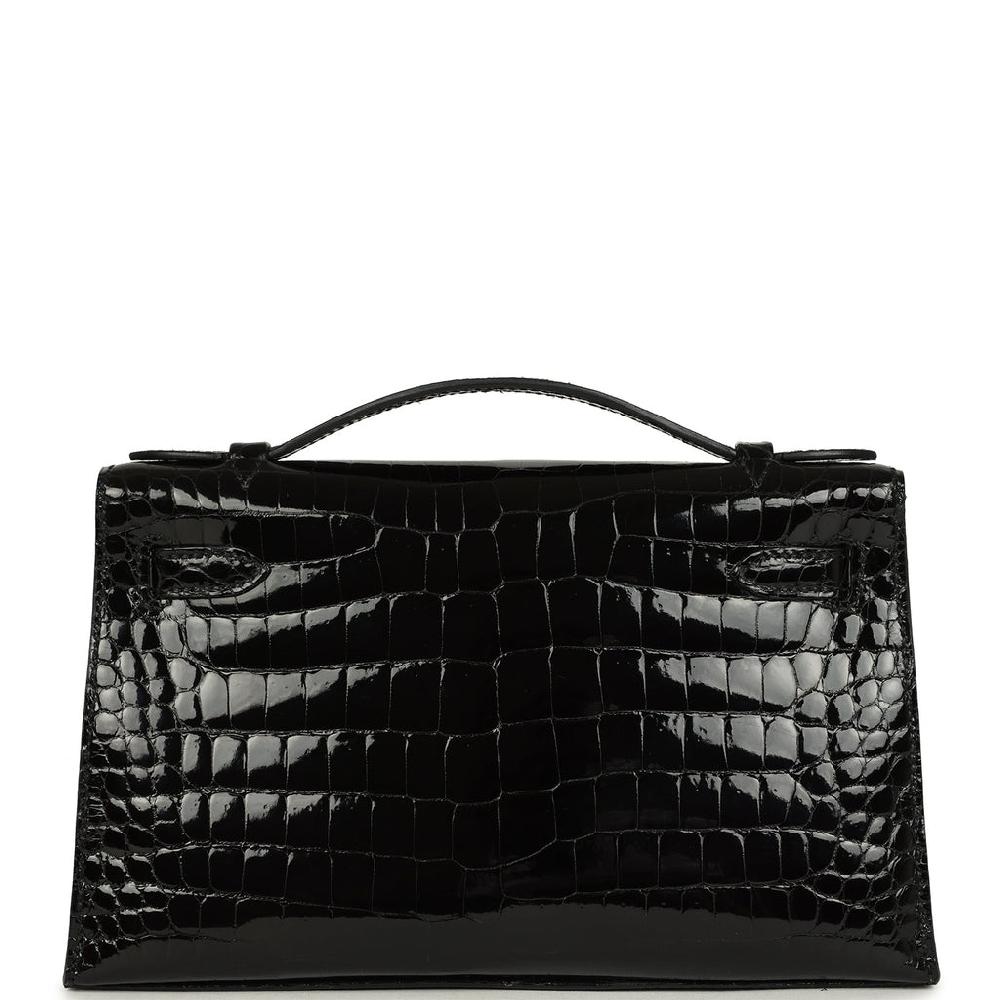 Hermes Kelly Pochette Black Shiny Porosus Crocodile Gold Hardware