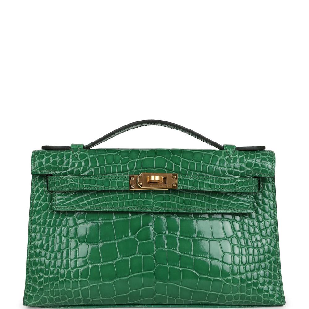 Hermes Kelly Pochette Cactus Shiny Alligator Gold Hardware