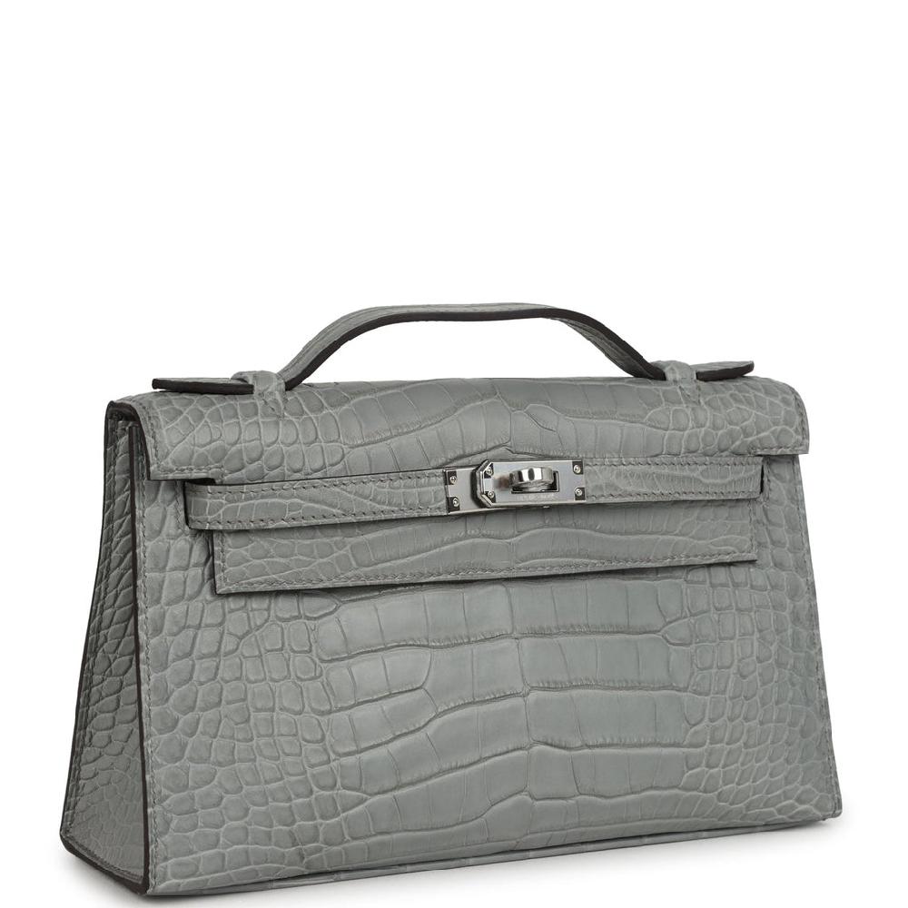 Hermes Kelly Pochette Gris Ciment Matte Alligator Palladium Hardware