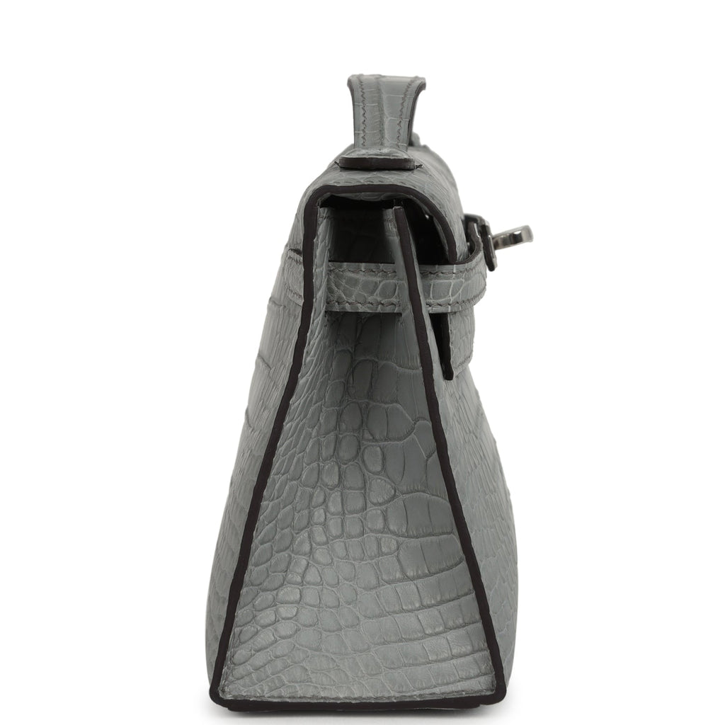Hermes Kelly Pochette Gris Ciment Matte Alligator Palladium Hardware