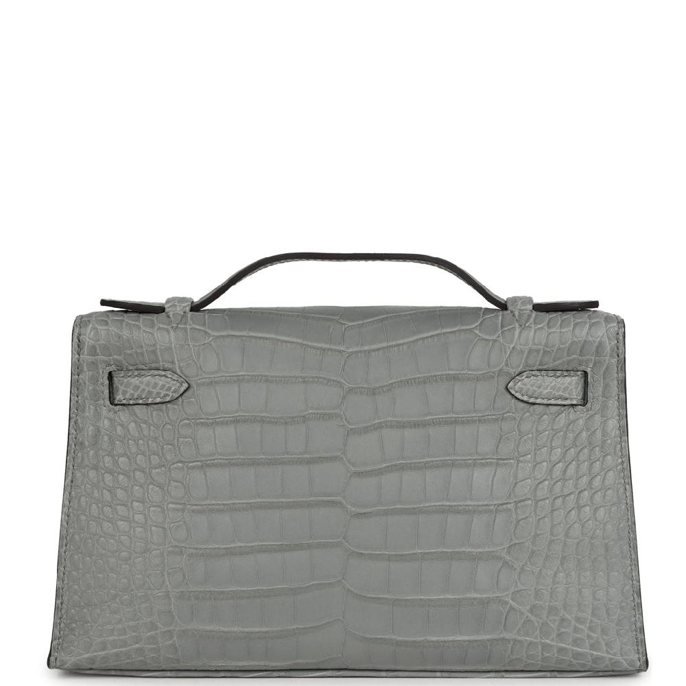 Hermes Kelly Pochette Gris Ciment Matte Alligator Palladium Hardware