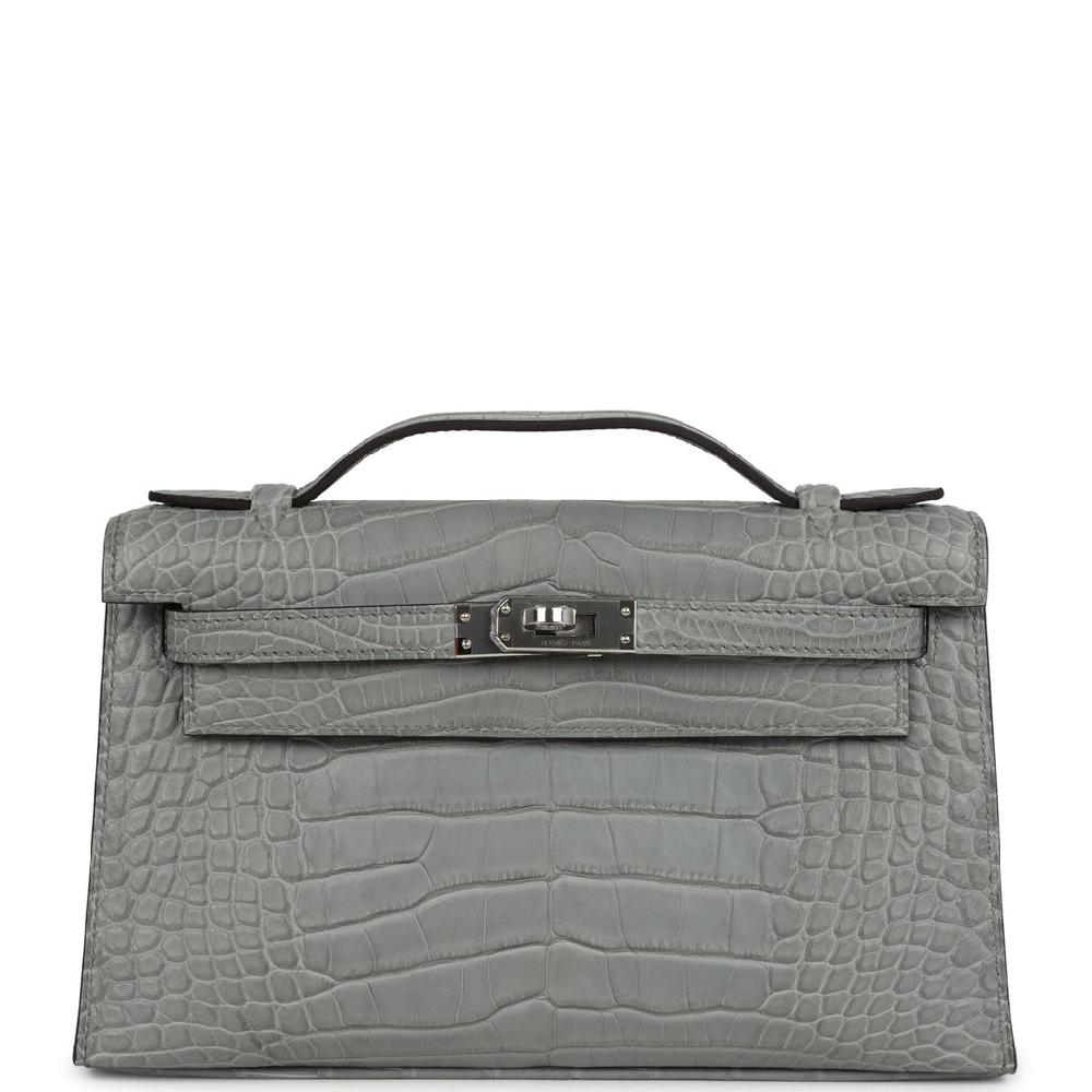 Hermes Kelly Pochette Gris Ciment Matte Alligator Palladium Hardware