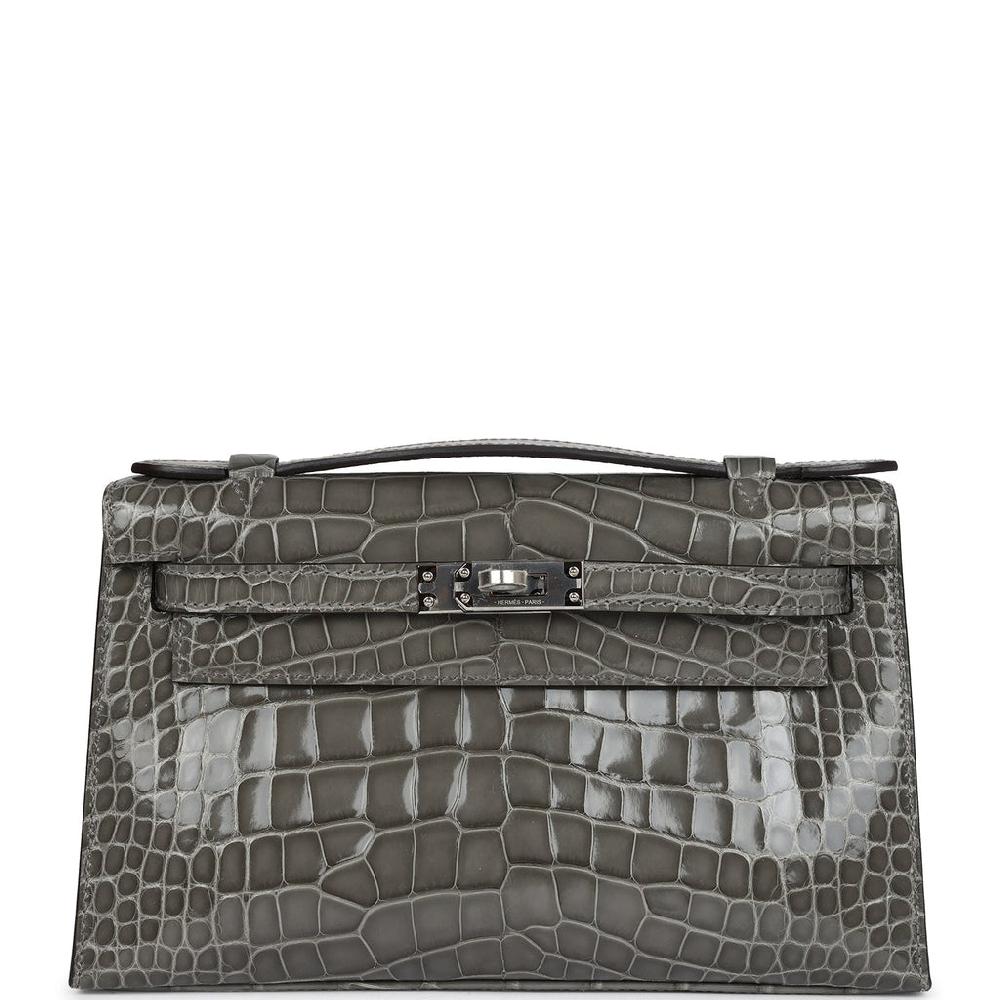 Hermes Kelly Pochette Gris Ciment Shiny Alligator Palladium Hardware