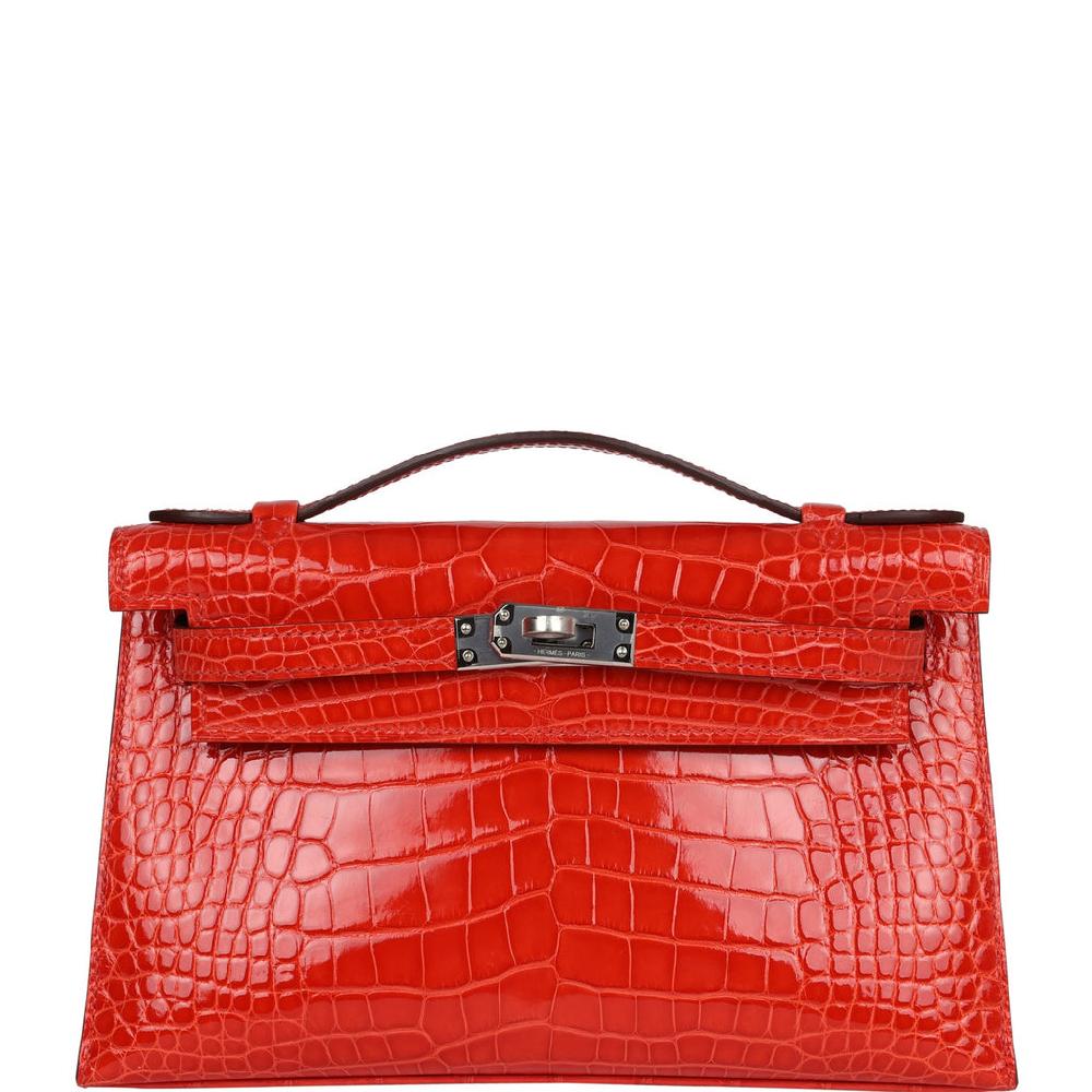 Hermes Kelly Pochette Orange Poppy Shiny Alligator Palladium Hardware