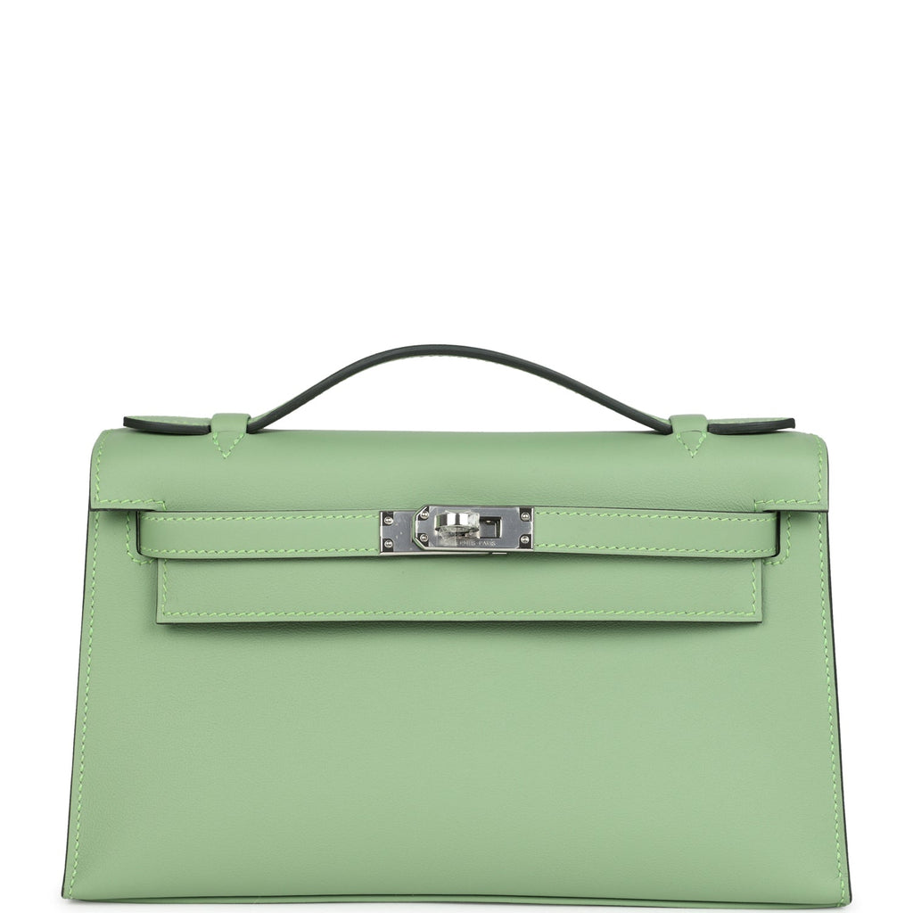 Hermes Kelly Pochette Vert Criquet Swift Palladium Hardware