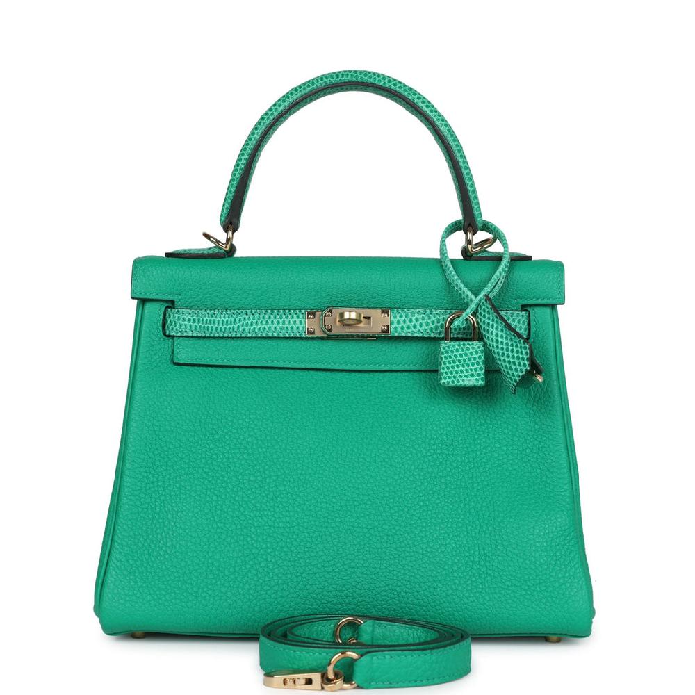Hermes Kelly Retourne 25 Menthe Togo and Varanus Niloticus Lizard Touch Permabrass Hardware